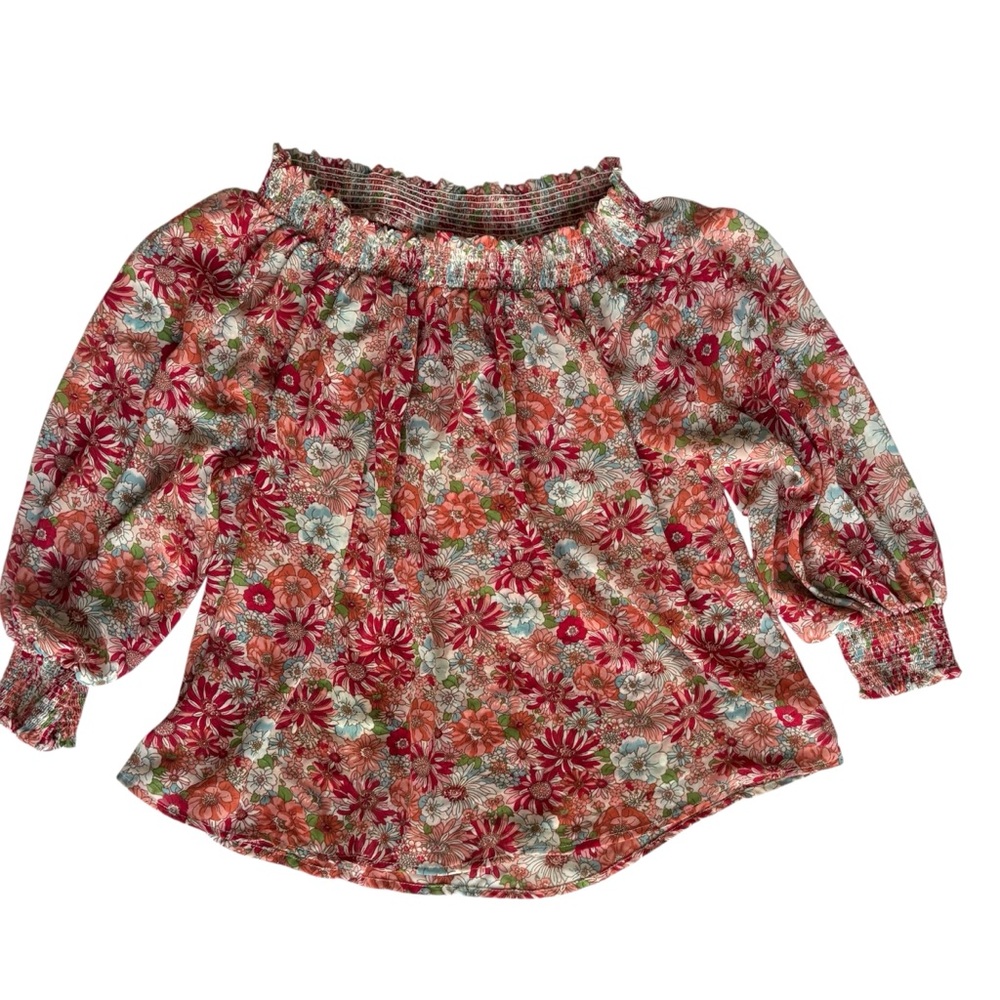 2XL 3/4” Sleeve Sheer Polyester Peach & Red Botanical Off the Shoulder Top Umgee